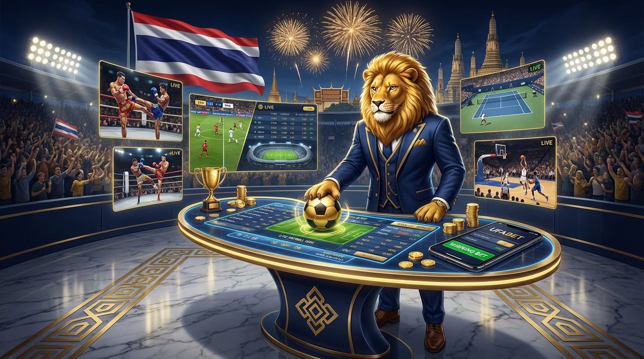 UFABET – Singa emas bertaruhan di meja odds live sambil menonton Muay Thai, sepak bola dan tenis dengan latar Bangkok